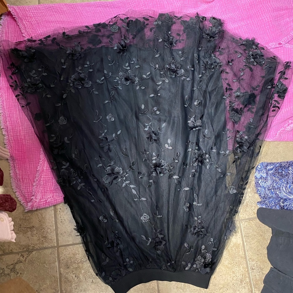 NWT 3D skirt Joh. black tulle mesh layered Floral Embroidered midi L lined - Picture 13 of 16